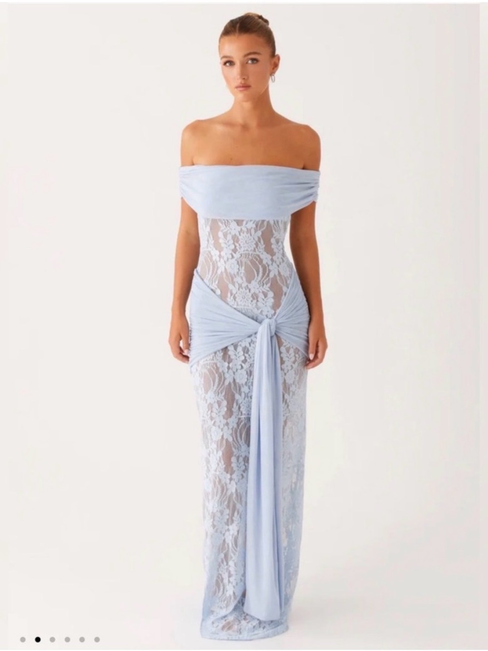 Peppermayo Off-Shoulder Lace Maxi Dress in Light Blue